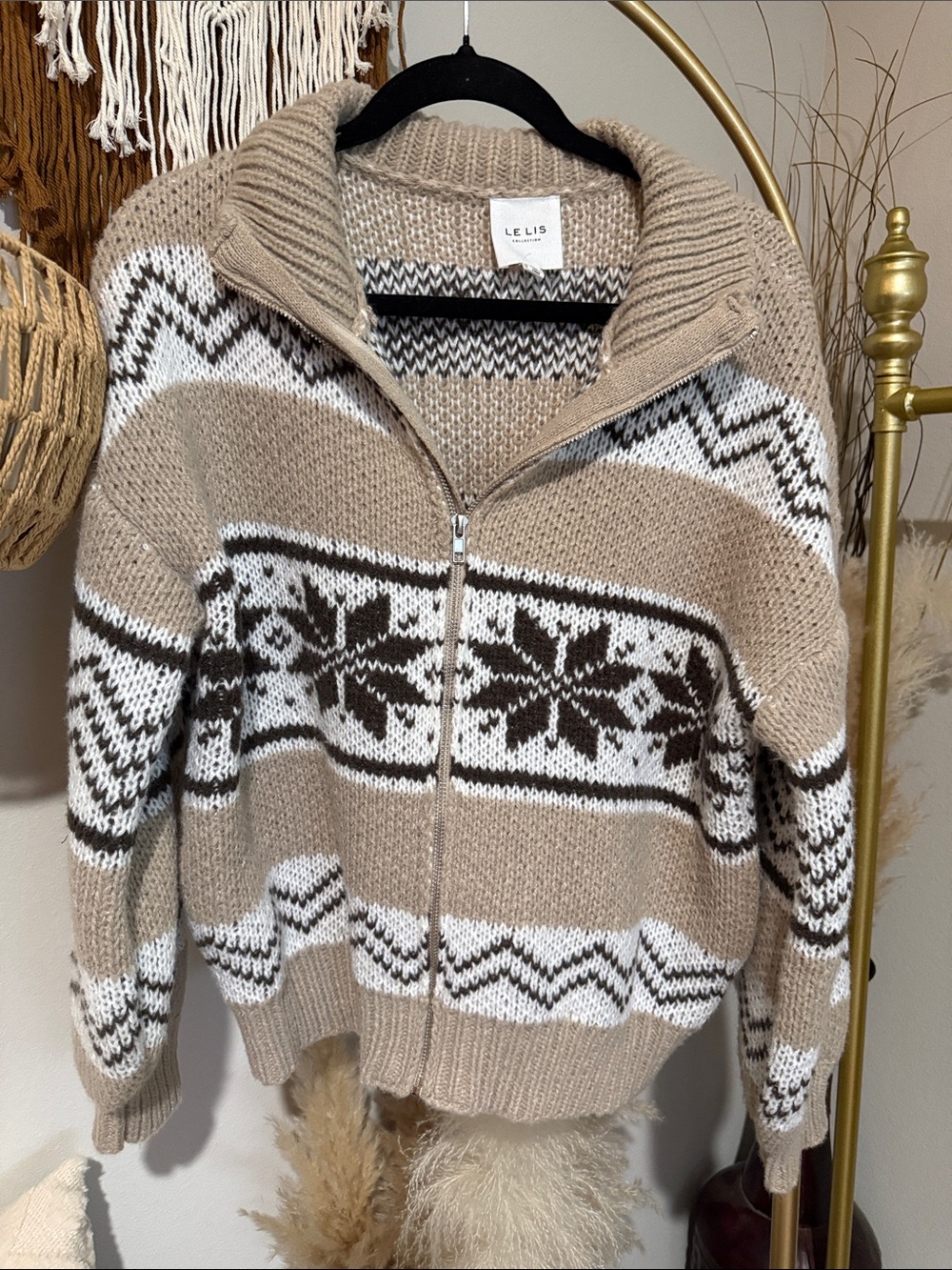 Le Lis Beige, White & Brown Fair Isle Zip Cardigan